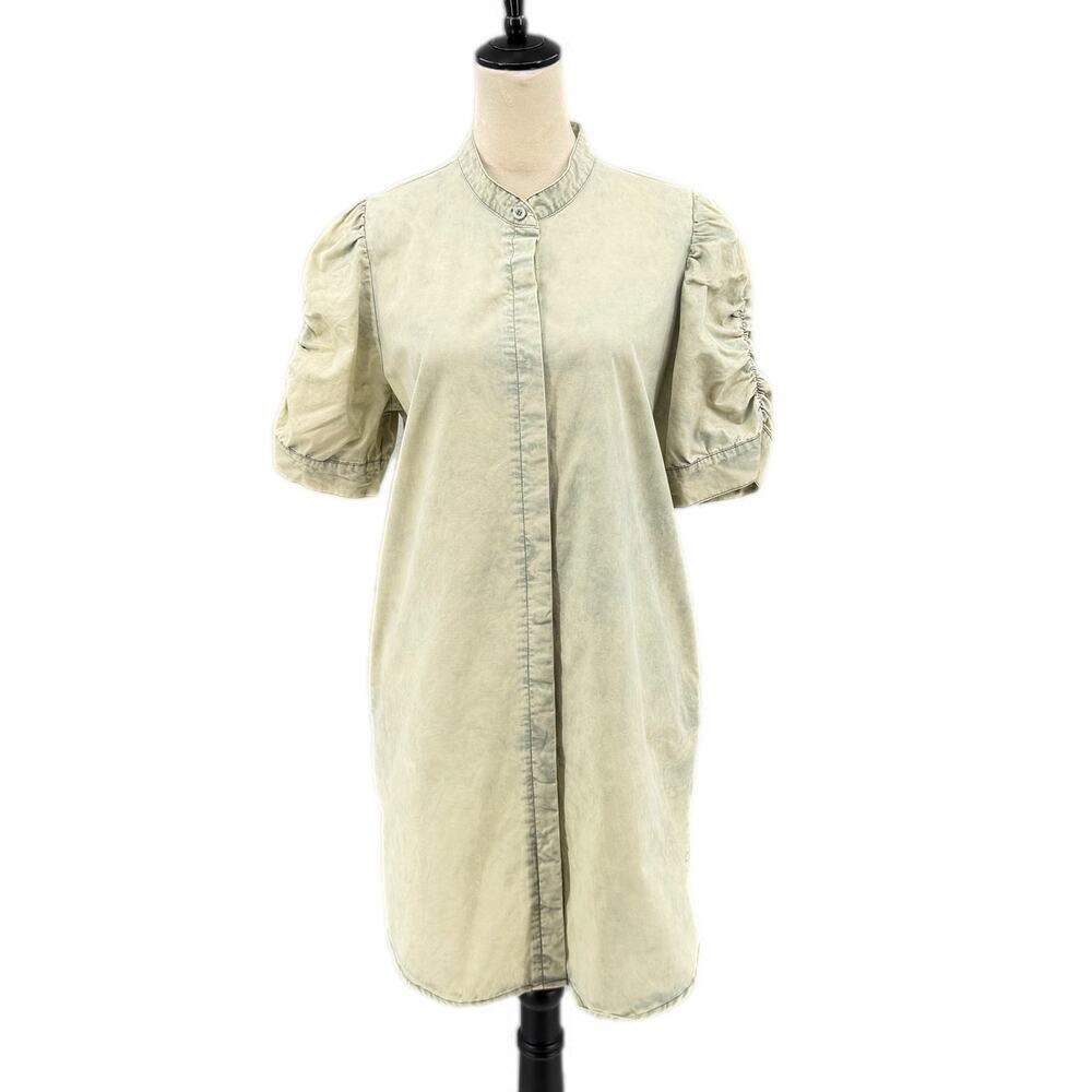 Mazik Button Front Sage Green Tie Dye Distressed Denim Puff Sleeve Mini Dress